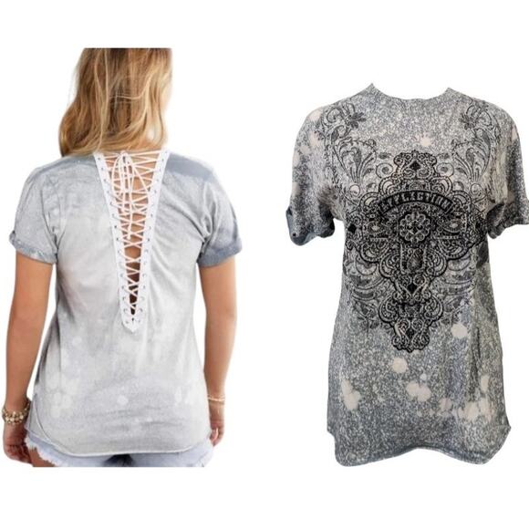 Affliction Charlotte Oak Lace Up Rhinestone Top Small - Picture 1 of 8